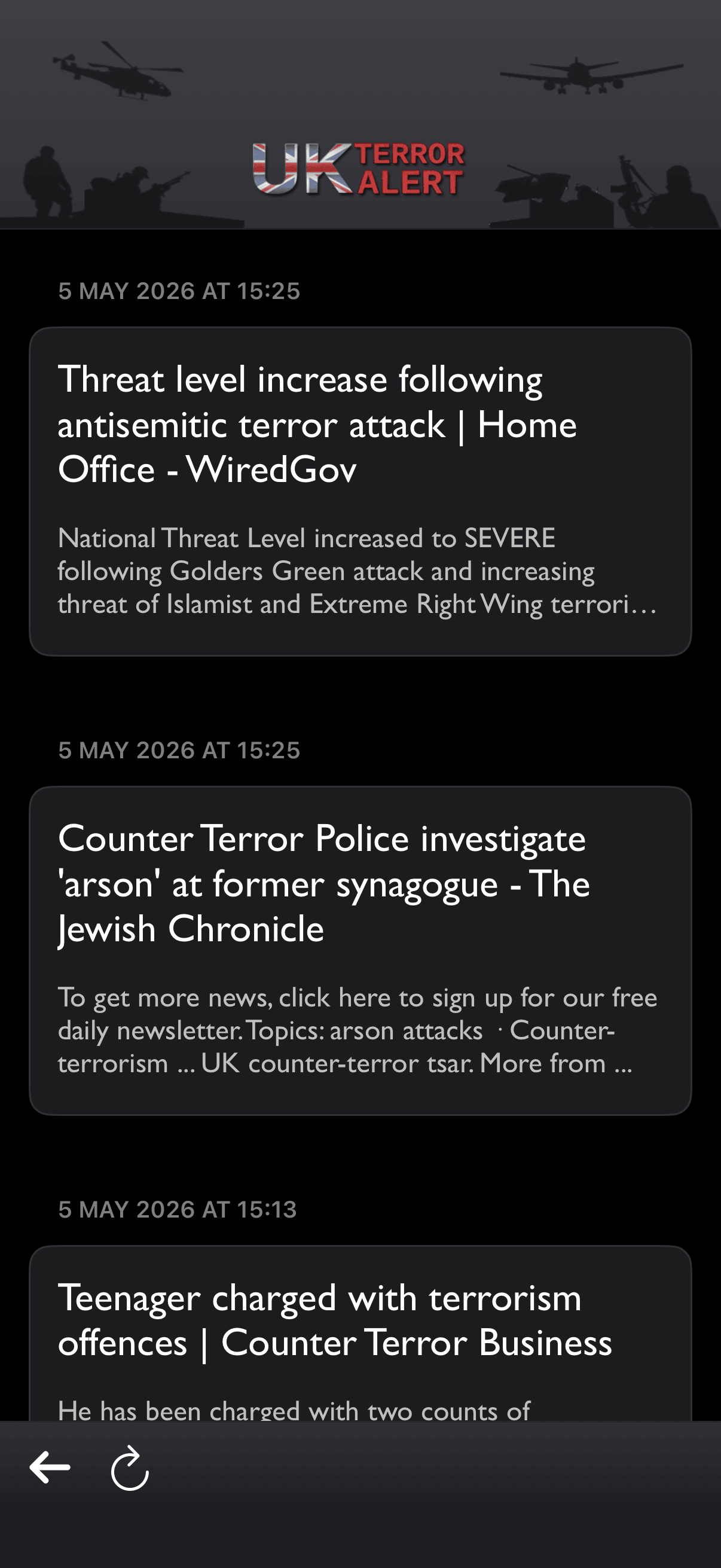 UK Terror Alert news feed showing latest counter-terrorism articles
